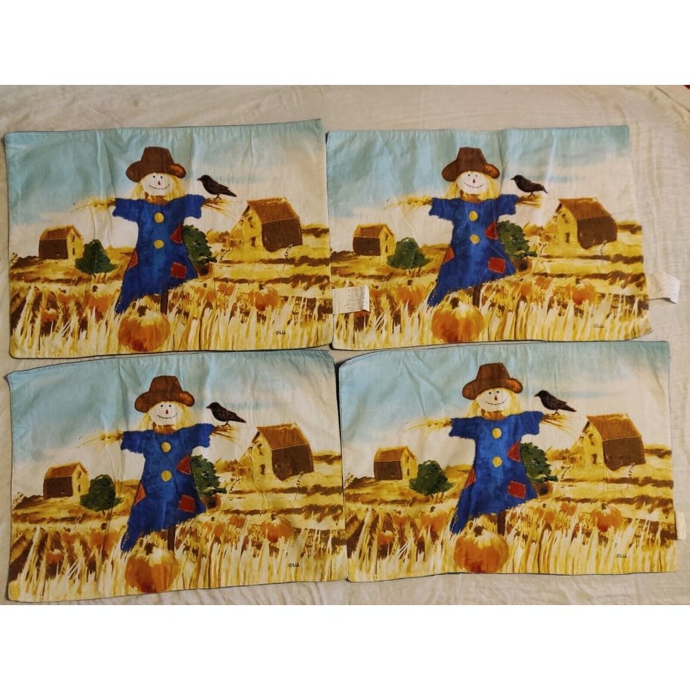 Set of 4 Vintage Festive Autumn Scarecrow Placemats Cotton Poly Fabric 17x12"